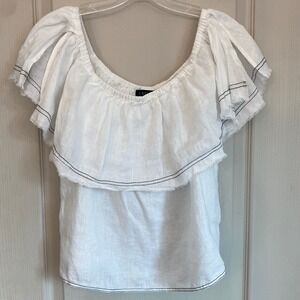 1.STATE Womens White 100% Linen Ruffle Off the Shoulder Top Small 8139025